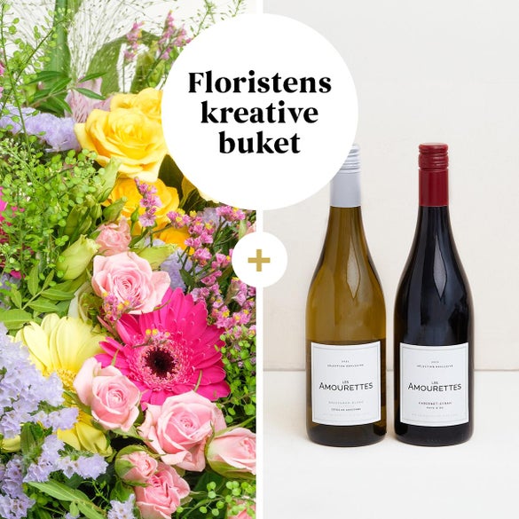 Floristens kreative buket med 2 fl. vin
